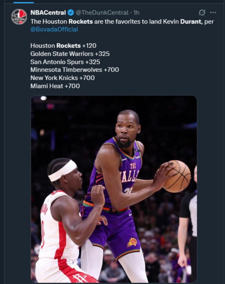 難道說(shuō)？美媒曬杜蘭特下家賠率，火箭大幅度領(lǐng)跑！